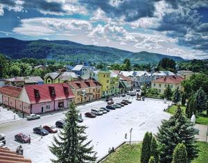 a town with cars parked in a parking lot at Tur Gotel Kosiv in Kosiv