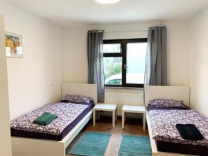 um quarto com duas camas e uma janela em My-Skypalace Dirmstein em Dirmstein