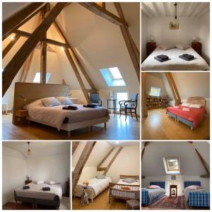 4 fotos de un dormitorio en el ático con 1 cama y 1 habitación en Le Gîte de Saint Phal, en Saint-Phal