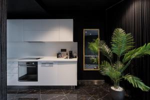 a kitchen with white cabinets and a potted plant at H Hotel & SPA - Adults Only in St. Julianʼs