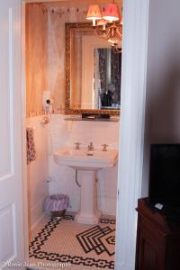 a bathroom with a sink and a mirror at Flowertown Bed and Breakfast in Summerville
