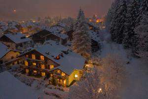 Residence Lagorai - Fiemme Holidays في بريدازو: منزل مغطى بالثلج في الليل مع أضواء