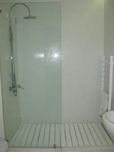 y baño con ducha y puerta de cristal. en Family Hotel The Body, en Batak