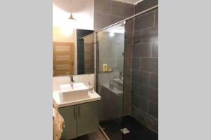 y baño con lavabo y ducha con espejo. en Appartement entier, T2 cosy à Mamoudzou en Mamoudzou