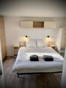 een slaapkamer met een groot bed en 2 handdoeken bij Chalet Relax in Oostkapelle