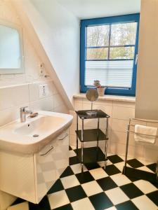 a bathroom with a sink and a checkered floor at Hofgut Wollin GmbH in Putgarten