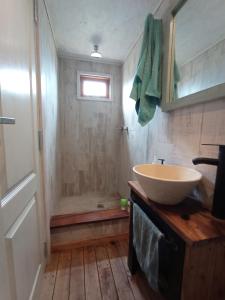 un baño con lavabo y ducha en Tribu de Mar, en Mar del Plata