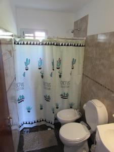 ein Badezimmer mit Toilette und Duschvorhang in der Unterkunft Duplex Alto El Espinillo in Villa General Belgrano