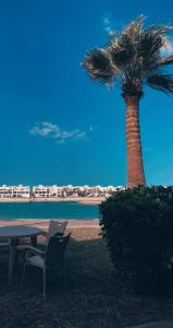 a table and chairs and a palm tree on the beach at درة العروس - القرية الحالمة - شقة دور أرضي على البحر - Dream Village in Durat Alarous
