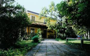 a driveway leading to a yellow house at Casa del Miele in Tessera