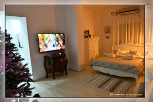 a bedroom with a christmas tree and a television at Casa Fotografului in Constanţa