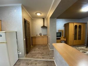 a kitchen with a counter top and a refrigerator at Maria in Solochyn +6 photos