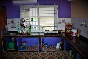 博卡拉Thanapati Guesthouse的厨房配有柜台、水槽和窗户