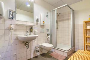 a bathroom with a toilet and a sink and a shower at Hostel-Marburg-one in Marburg an der Lahn