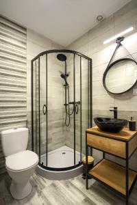 a bathroom with a shower with a toilet and a sink at Apartamenty u Romana in Tylicz