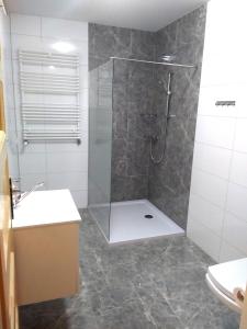 La salle de bains est pourvue d'une douche avec une porte en verre. dans l'établissement Welcome Cozy Apartment Old Town, à Elbląg