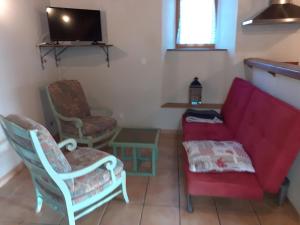 Arcizans-Dessus的住宿－bergerie aménagée，客厅配有沙发、椅子和电视