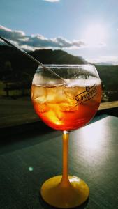 una copa de vino sentada en una mesa en Hôtel l'Équipe, en Le Sauze