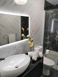 ein Badezimmer mit Waschbecken, Toilette und Spiegel in der Unterkunft Casa Golfinho in Viana do Castelo