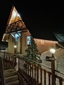 a christmas tree on the porch of a house at Apartmani RUNOLIST in Žabljak