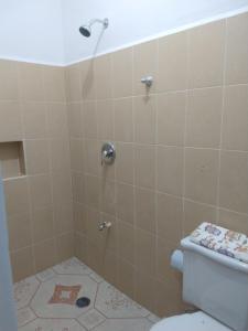 uma casa de banho com chuveiro e WC em Blue Hotel em Bacalar
