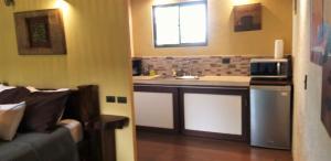 uma pequena cozinha com um lavatório e um micro-ondas em Tropical Suites & Villas em La Fortuna