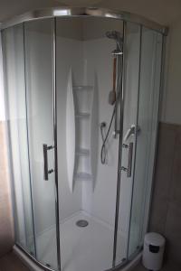 y baño con ducha y mampara de cristal. en Blue Skies Guest Accommodation en Queenstown