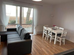 ein Wohnzimmer mit einem Sofa und einem Tisch mit Stühlen in der Unterkunft Apartament Wiewiórka in Radzyń