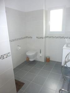 een witte badkamer met een toilet en een raam bij Appartement de 2 chambres avec jardin clos et wifi a Morosaglia in Morosaglia