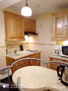 a kitchen with wooden cabinets and a table with chairs at Appartement d'une chambre avec jardin clos et wifi a Alfortville in Alfortville