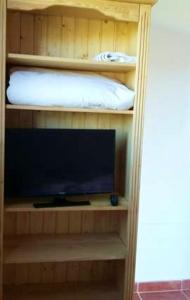 a wooden book shelf with a tv in it at One bedroom house with garden at Triquivijate in Antigua