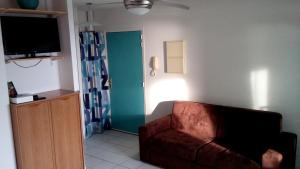 a living room with a couch and a television at Appartement moderne à Sainte-Anne 43 m² avec vue mer in Sainte-Anne