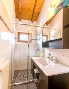 a bathroom with a shower and a sink at Chalet de 2 chambres avec terrasse amenagee et wifi a Saint Gervais les Bains a 3 km des pistes in Saint-Gervais-les-Bains