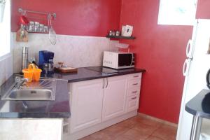 a small kitchen with a sink and a microwave at Studio avec piscine partagee jardin clos et wifi a Les Abymes in Les Abymes