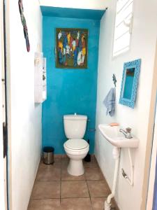 a blue bathroom with a toilet and a sink at Studio avec piscine partagee jardin clos et wifi a Les Abymes in Les Abymes