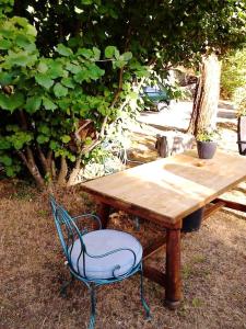 una mesa de madera y una silla azul junto a una mesa en Appartement de 2 chambres avec jardin clos et wifi a Bocognano, en Bocognano
