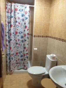 uma casa de banho com um WC e uma cortina de chuveiro em Apartamento en Cuevas del Becerro em Cuevas del Becerro