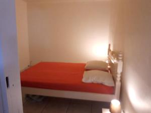 1 dormitorio pequeño con 1 cama con manta roja en Maison d'une chambre a Cayenne a 800 m de la plage avec terrasse et wifi, en Cayenne