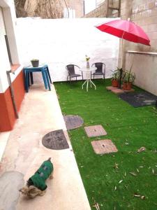 a small garden with a green lawn and an umbrella at 4 bedrooms house with city view and terrace at Burgos in Burgos