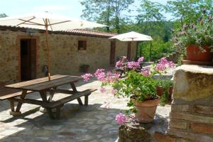 a picnic table with an umbrella and some flowers at Charming Apartment in Massa Marittima, Shared Pool in Massa Marittima