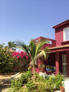 a palm tree in front of a pink building at Bright apartment with sea view and garden in Ouoran, 100 m² in Ouoran