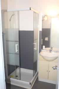 a bathroom with a shower and a sink at Appartement moderne à Les Trois Ilets, 40 m², vue jardin in Les Trois-Îlets
