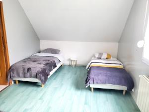 twee bedden in een kleine kamer met groene vloeren bij Maison de 4 chambres avec jardin clos et wifi a Chenove in Chenôve