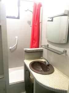 Québriac的住宿－Maison de 3 chambres avec jardin clos et wifi a Quebriac，一间带水槽和红色窗帘的浴室