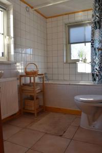 a bathroom with a toilet and a tub and a window at Gîte du cheval blanc d'Houmont in Sainte-Ode