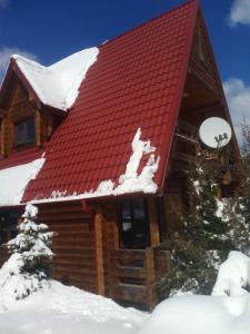 ein Blockhaus mit rotem Dach im Schnee in der Unterkunft Еко садиба в Карпатах Лостун in Dolishniy Shepit