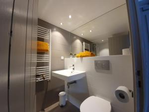 a bathroom with a sink and a toilet and a mirror at Lodge Les Merisiers in Courchevel