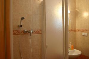 ein Bad mit einer Dusche und einem Waschbecken in der Unterkunft Apartmány Záhořovo Lože in Horní Planá