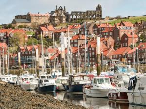 Un montón de barcos están atracados en un puerto en Hazeldene en Whitby