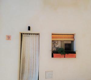 uma janela com uma cortina e plantas num quarto em Pals Casa SeDal em Pals